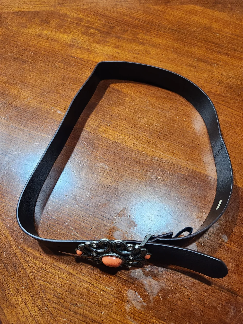 Vintage Leather Women's Belt with Coral Accent Buckle - Black Size 12